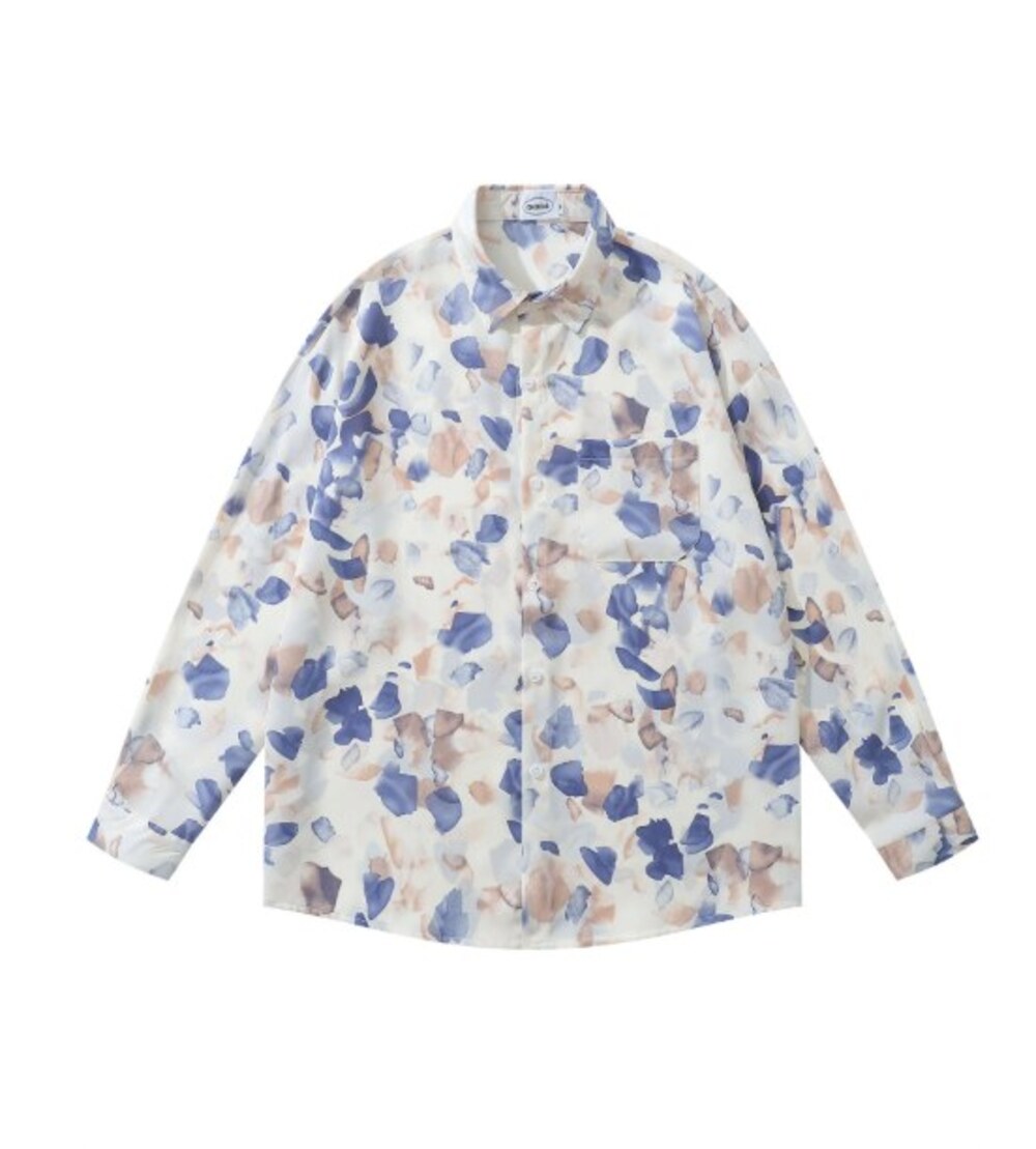 White Blue Watercolor Petal Print Long Sleeve Shirt
